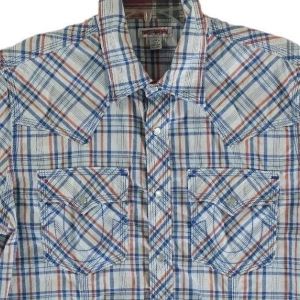 True Religion Shirt Men's Size Large Blue Plaid Pearl Snap Western Short Sleeves